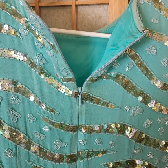 Turquoise fully beaded/sequined dress Kathryn Conover by night size 10 - Picture 5 of 7